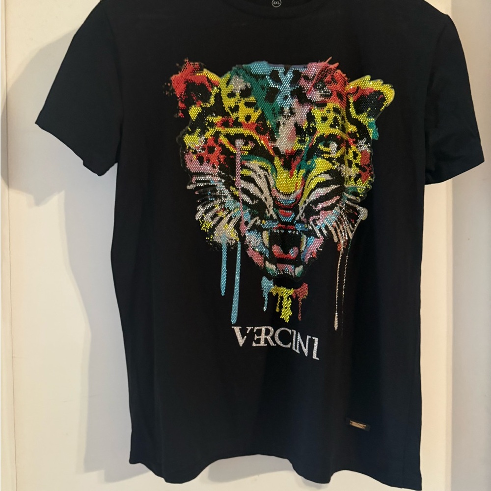 Versini Black Tee with Colorful Leopard Design